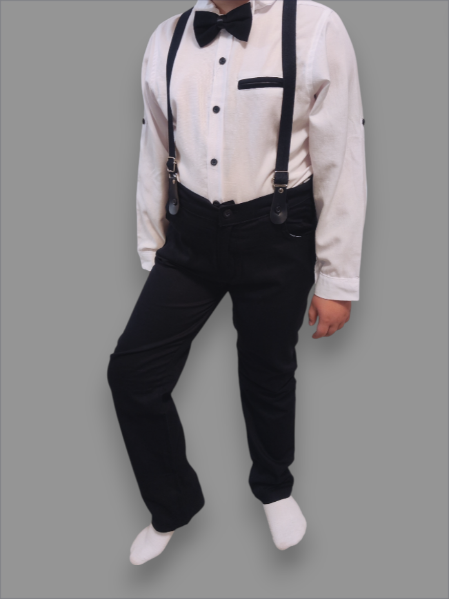 Fiú alkalmi szett – Sötétkék nadrág, fehér ing, csokornyakkendő és nadrágtartó (4 részes)