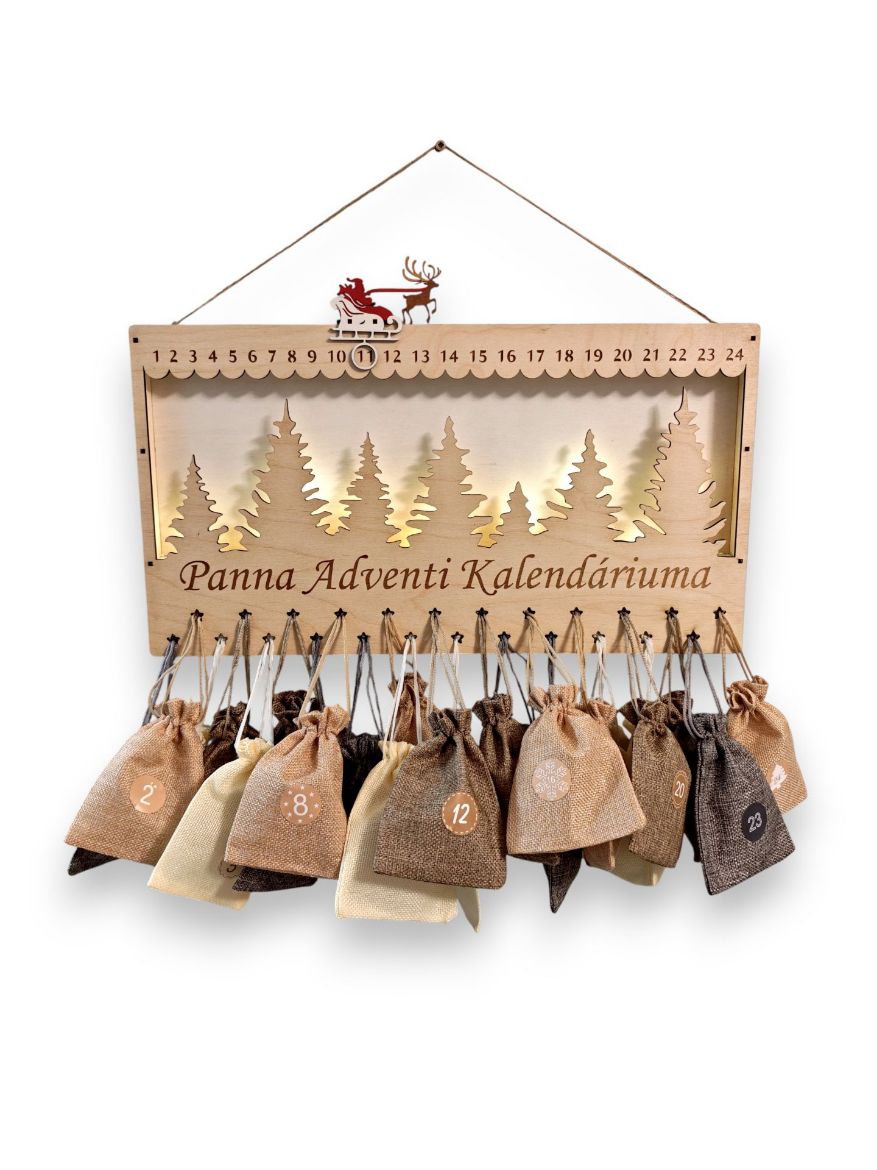 Egyedi lézervágott és gravírozott fa adventi kalendárium LED-világítással