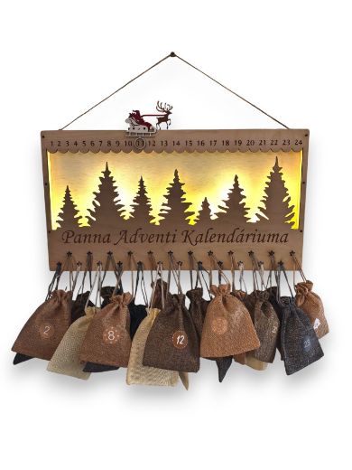 Egyedi lézervágott és gravírozott fa adventi kalendárium LED-világítással